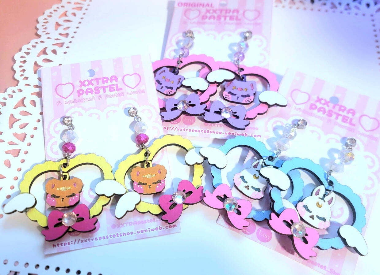 Original Magical Friends Kiko, Yuli, and Lumi As Wood Earrings that were handpainted by me and Cut in my home studio~
